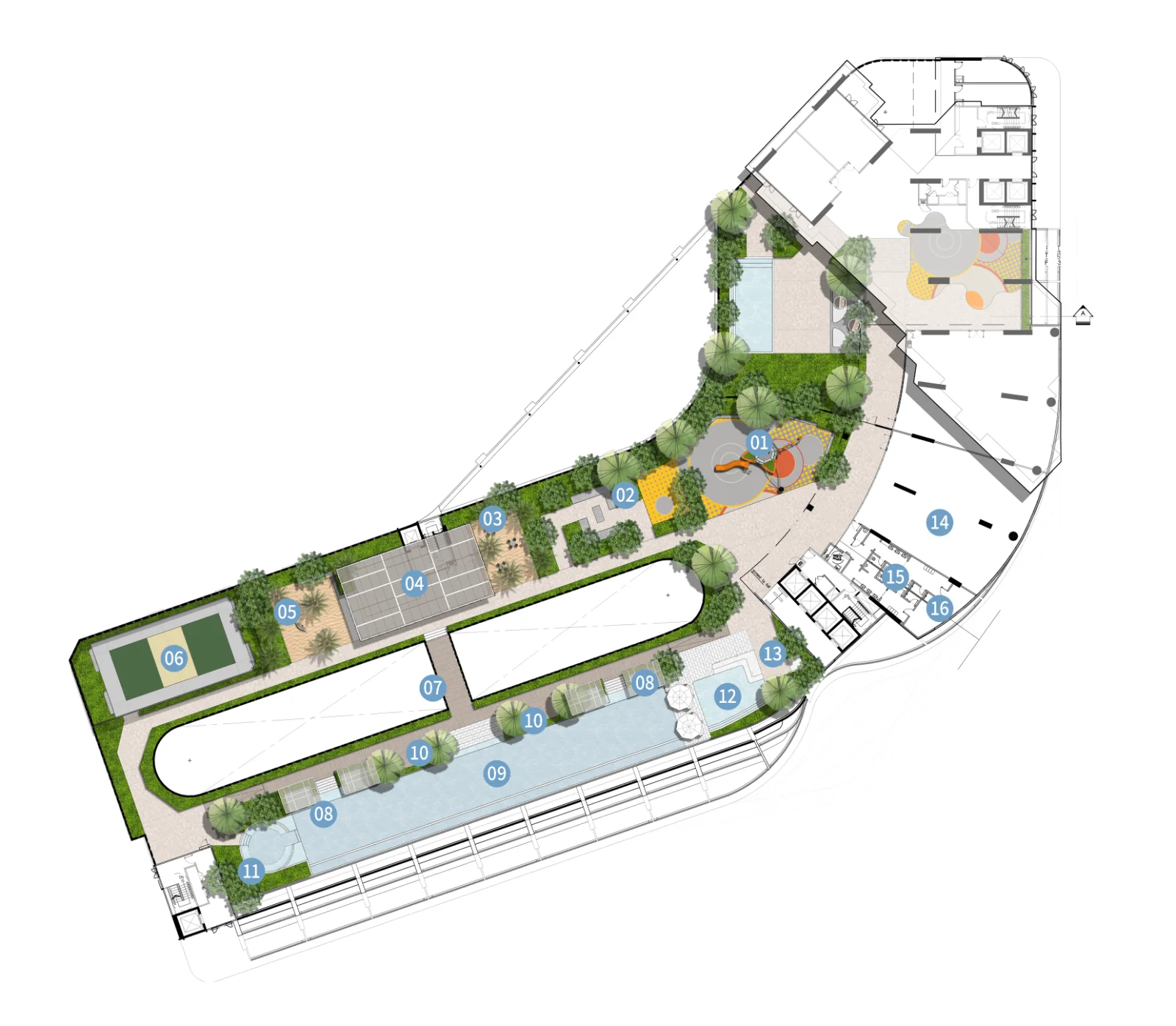 Merione Level 10 facilities plan with infinity pool, pickleball court and gardens