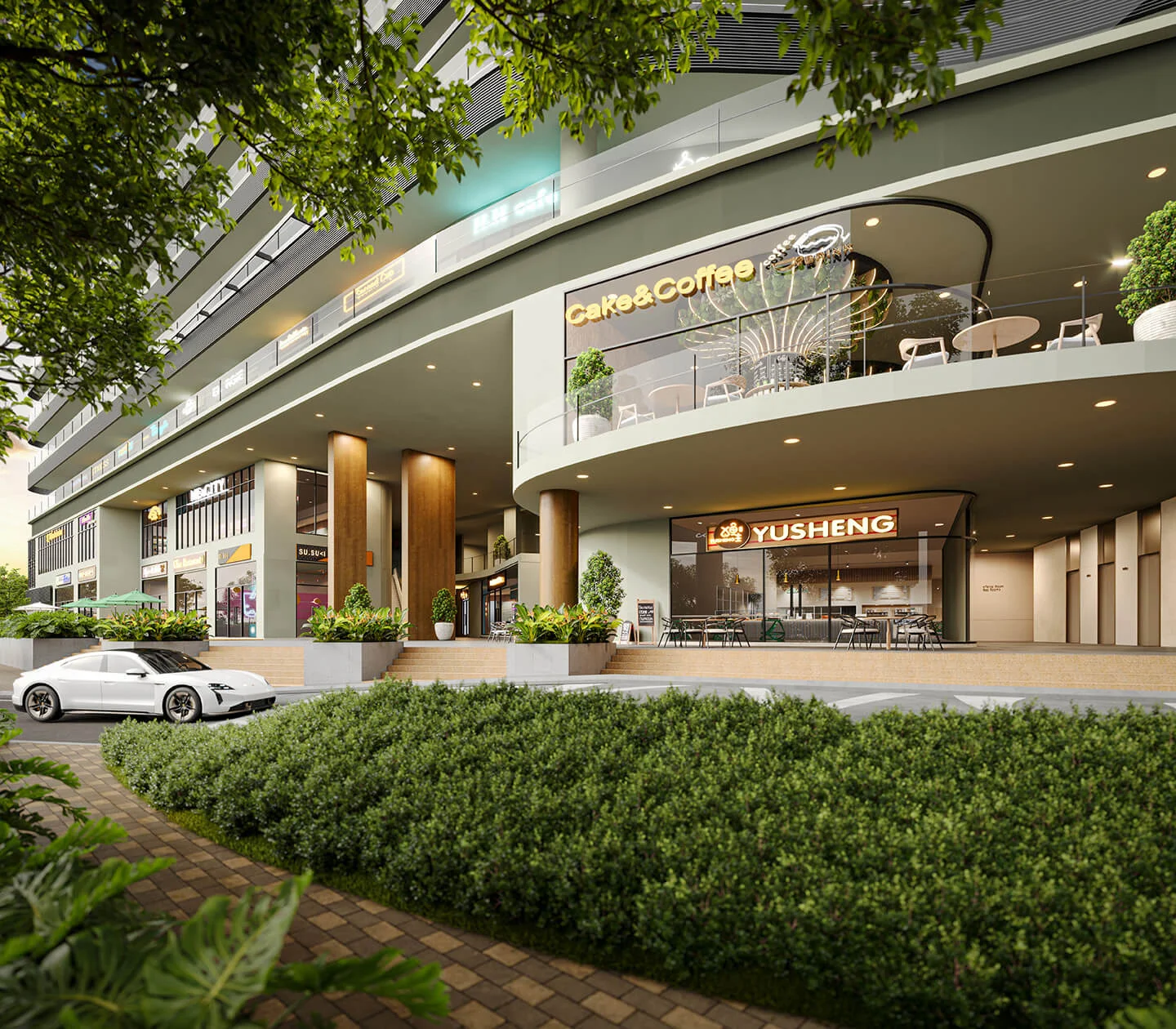 Merione Residences retail frontage and drop-off with landscaping, artist's impression