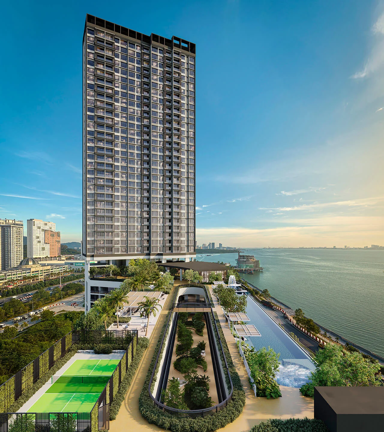 Merione tower at THE LIGHT Waterfront Penang with its pool deck, artist's impression