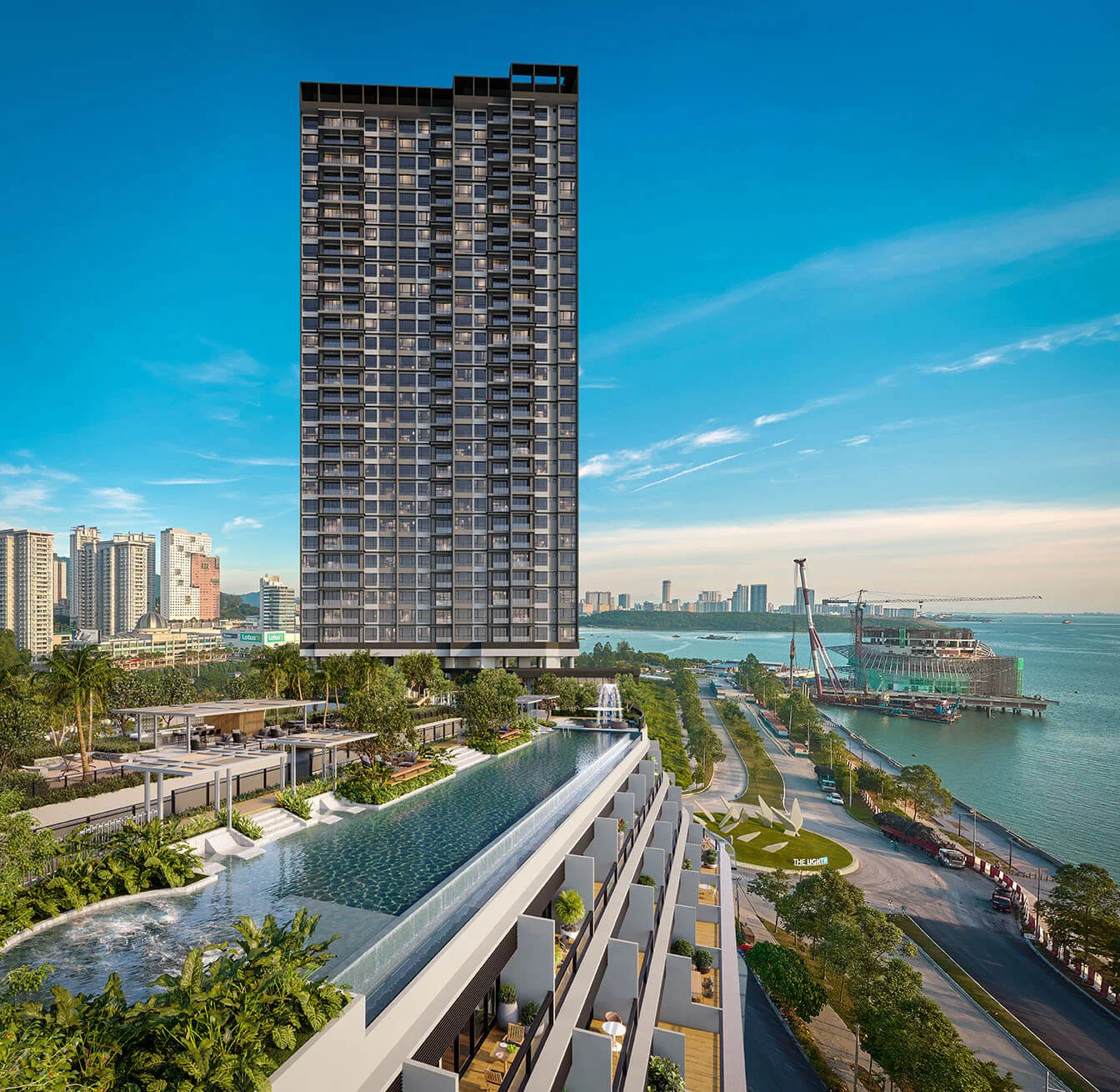 Merione tower beside its Level 10 infinity pool deck overlooking the sea, artist's impression